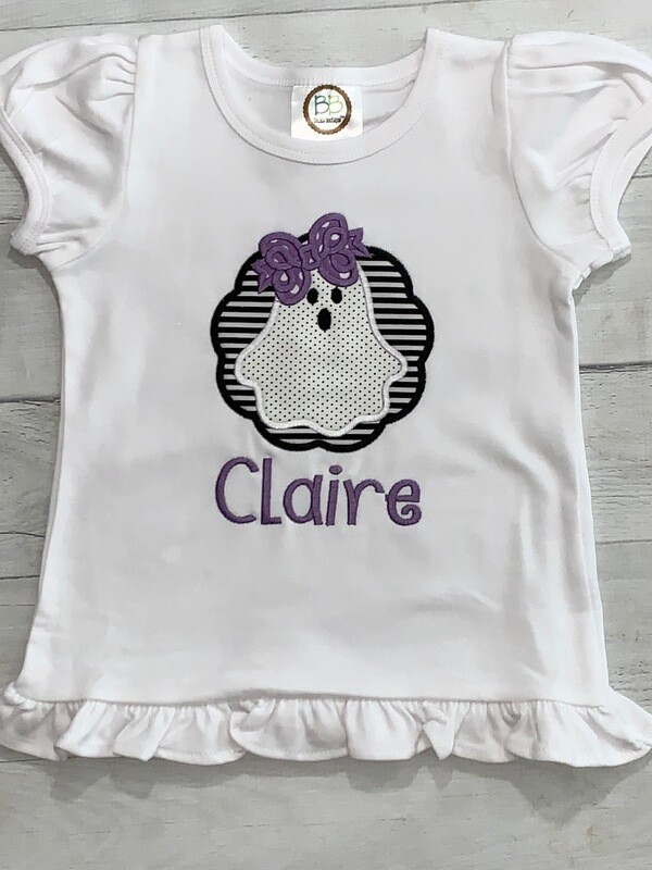 Girls Personalized Embroidered Halloween Ghost Short Sleeve Ruffle Tee