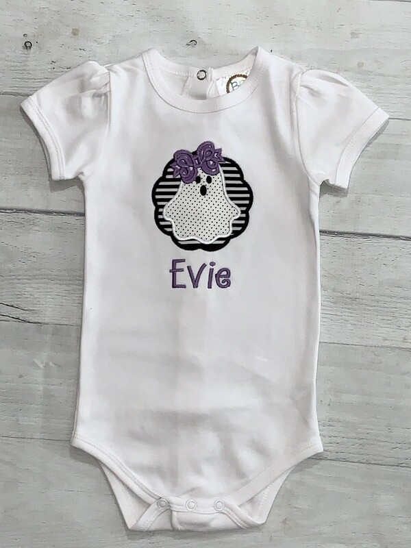 Baby Girl Personalized Embroidered Halloween Ghost Short Puff Sleeve Onesie