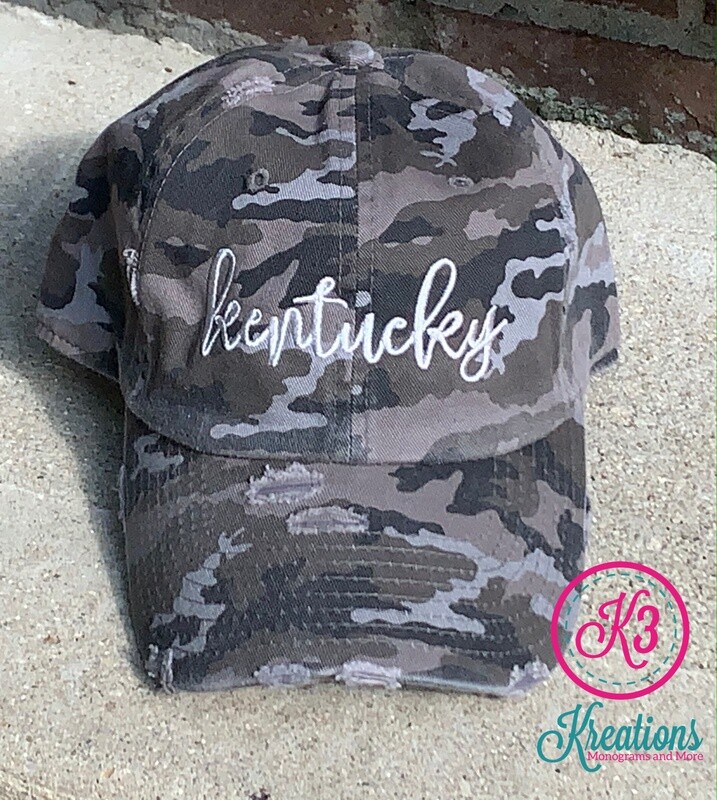 Black Camo Kentucky Script Distressed Cap