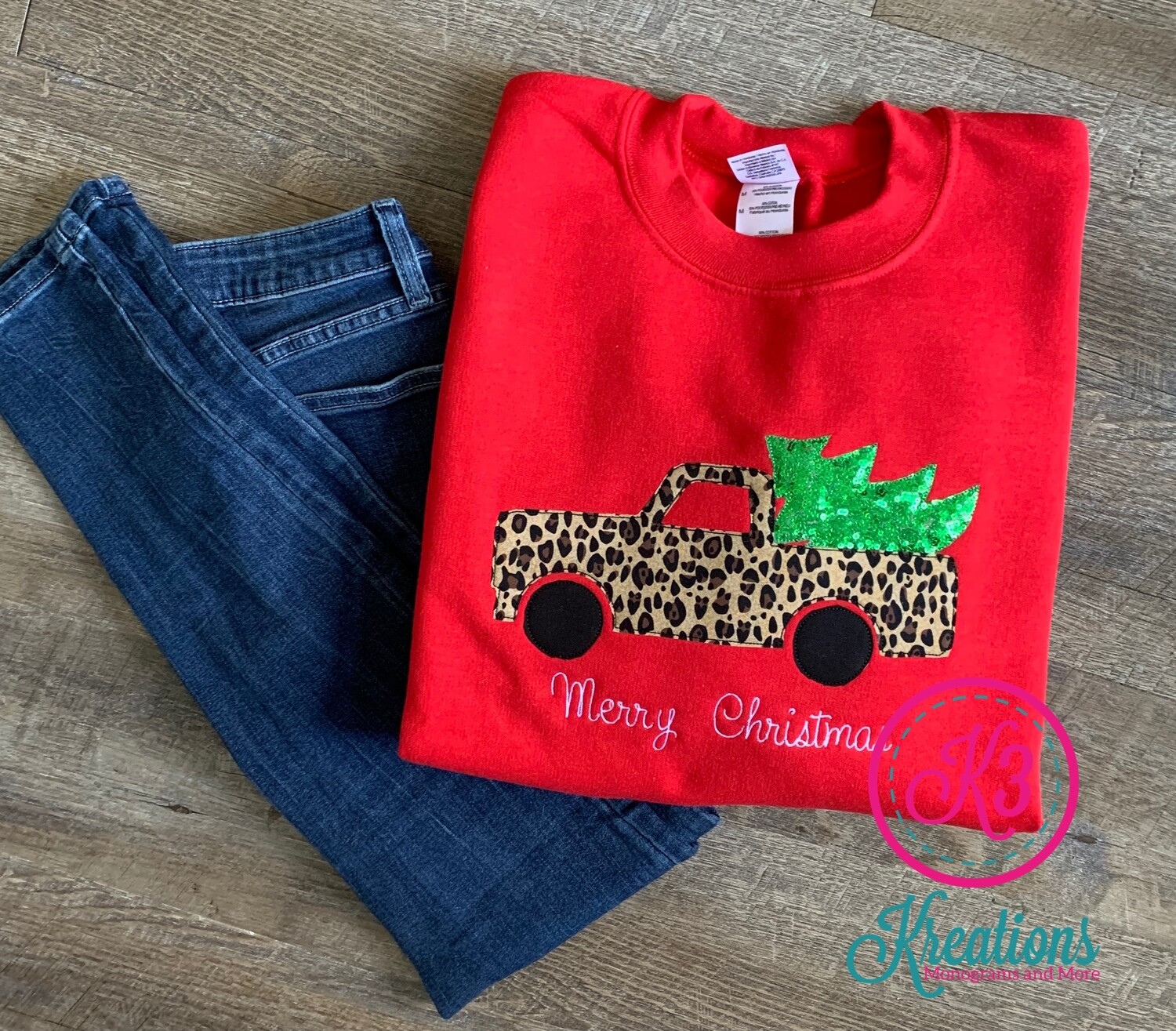 Youth Red Leopard Truck Merry Christmas Shirt (choose Long Sleeve Tee, Crewneck Sweatshirt or Hoodie)