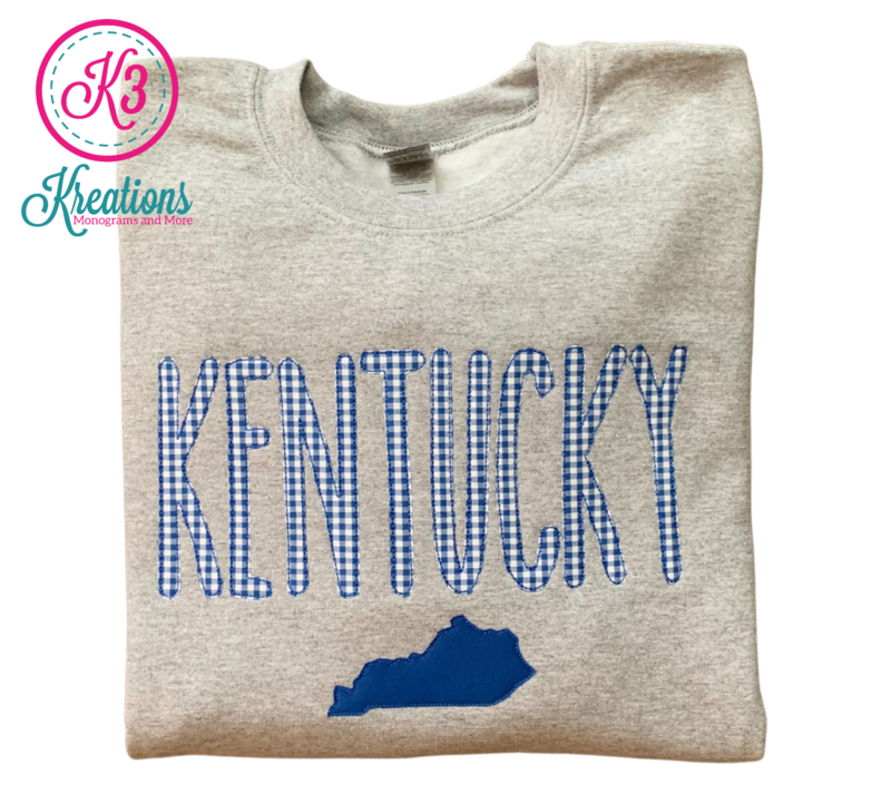 Adult Gingham Embroidered Kentucky State Gray Crewneck Sweatshirt