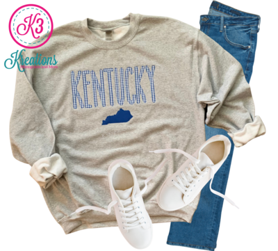 Adult Gingham Embroidered Kentucky State Gray Crewneck Sweatshirt