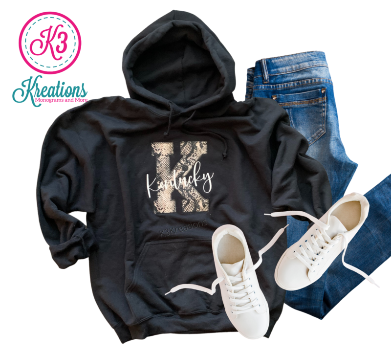 Adult &quot;K&quot; Kentucky Snakeskin Black Hooded Sweatshirt
