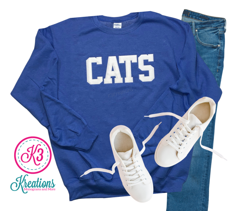 Adult Kentucky CATS Applique Crewneck Sweatshirt (Choose shirt color and fabric)