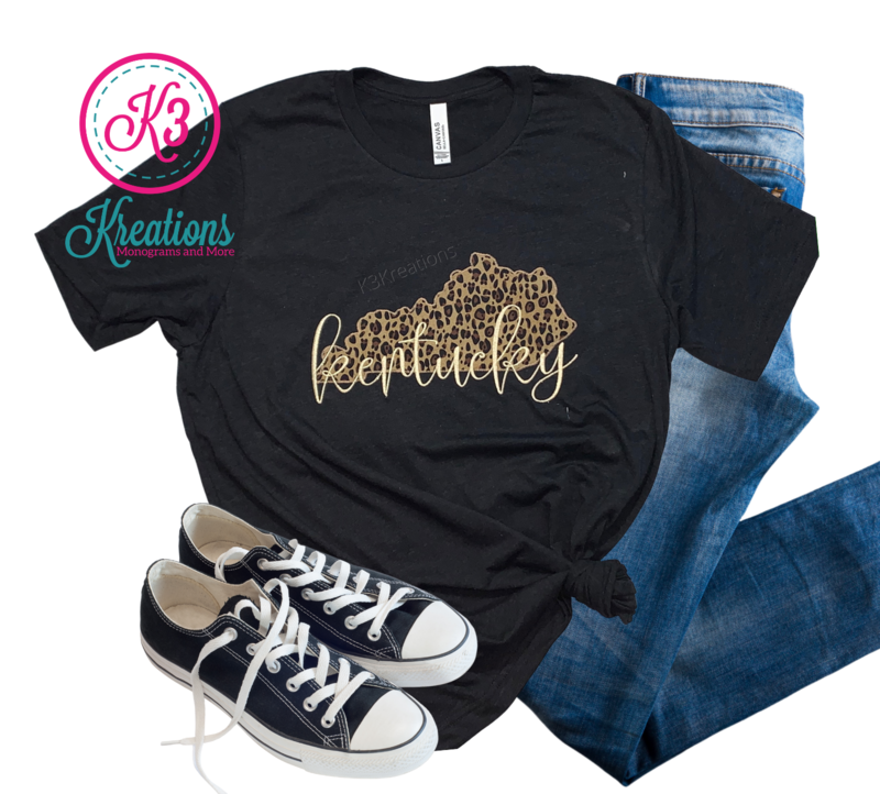 Adult Leopard Print Kentucky State Black Short Sleeve Tri-Blend Tee