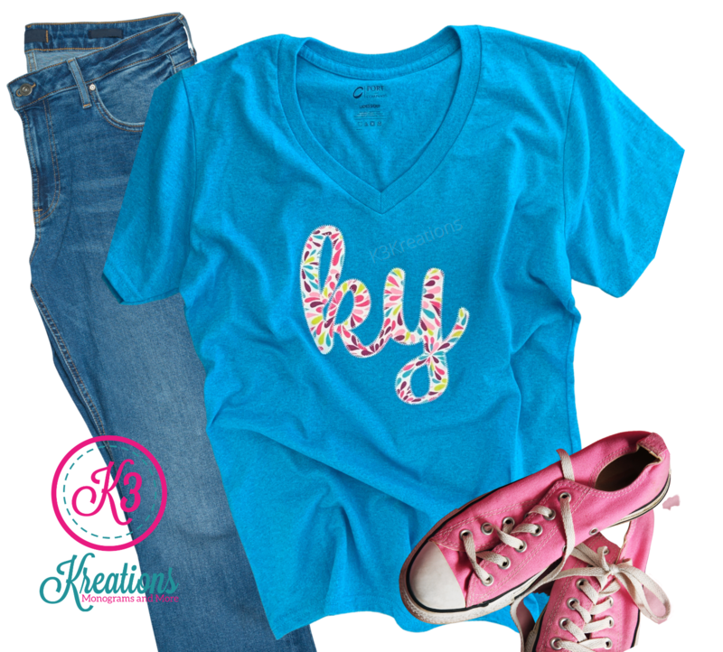 Adult Ky Script Petal V-Neck Sapphire Short Sleeve Tee