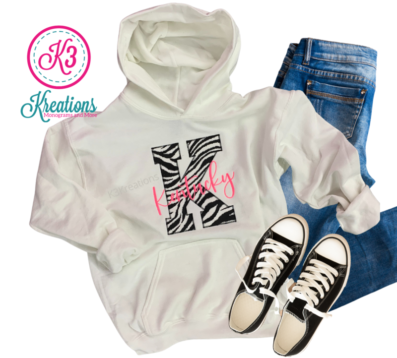 Adult “K” Kentucky Zebra Print White Hooded Sweatshirt