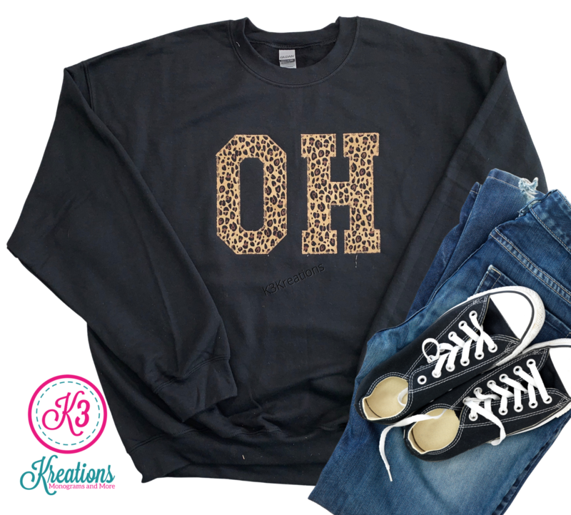 Adult State Applique Crewneck Sweatshirt (Choose shirt color and fabric)