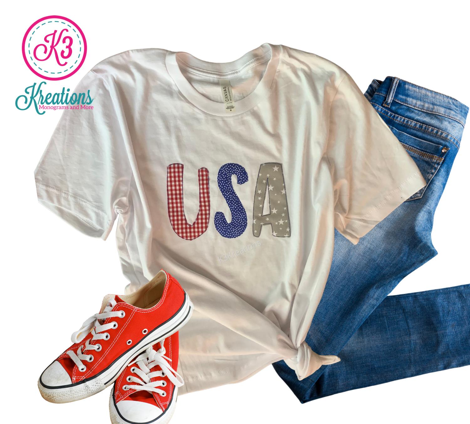 Adult Gingham, Dots & Stars USA White Short Sleeve Bella + Canvas Tee