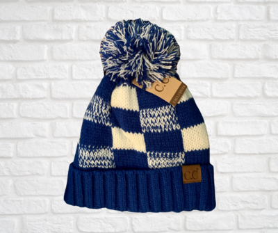 Fuzzy Lined Blue & White Buffalo Check CC Beanie Hat with Pom