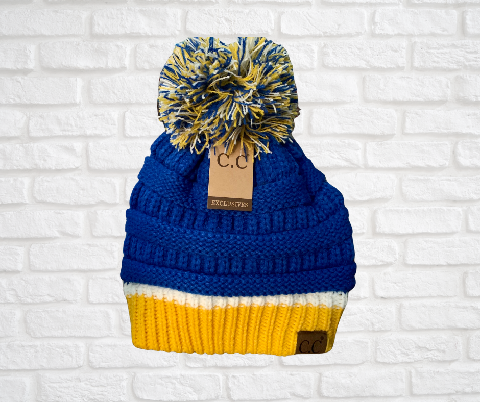 Blue/Yellow CC Beanie Hat with Pom