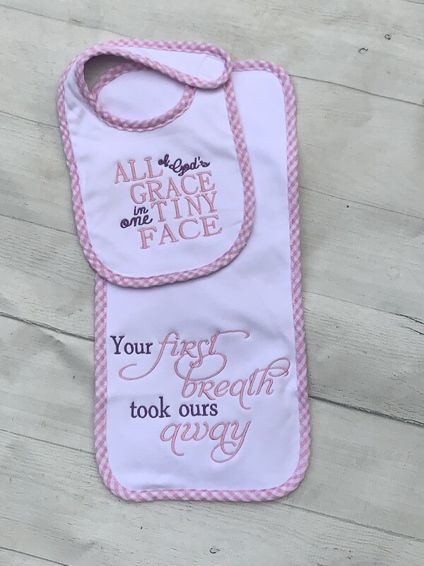 Pink Gingham Lined Bib &amp; Burp Cloth
