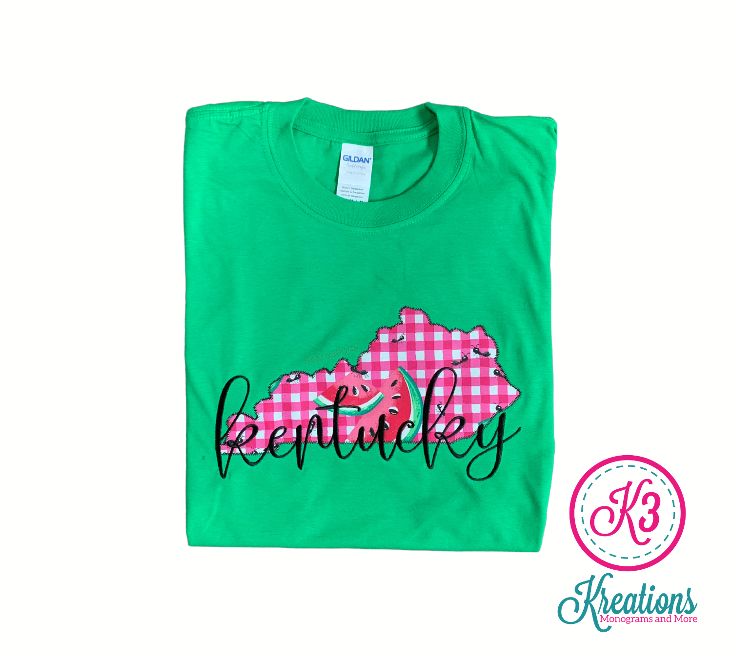 Adult Kentucky State Watermelon Embroidered Softstyle Green Short Sleeve Tee