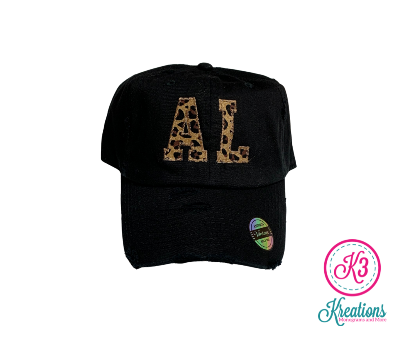 State Abbreviation Leopard Applique Distressed Cap