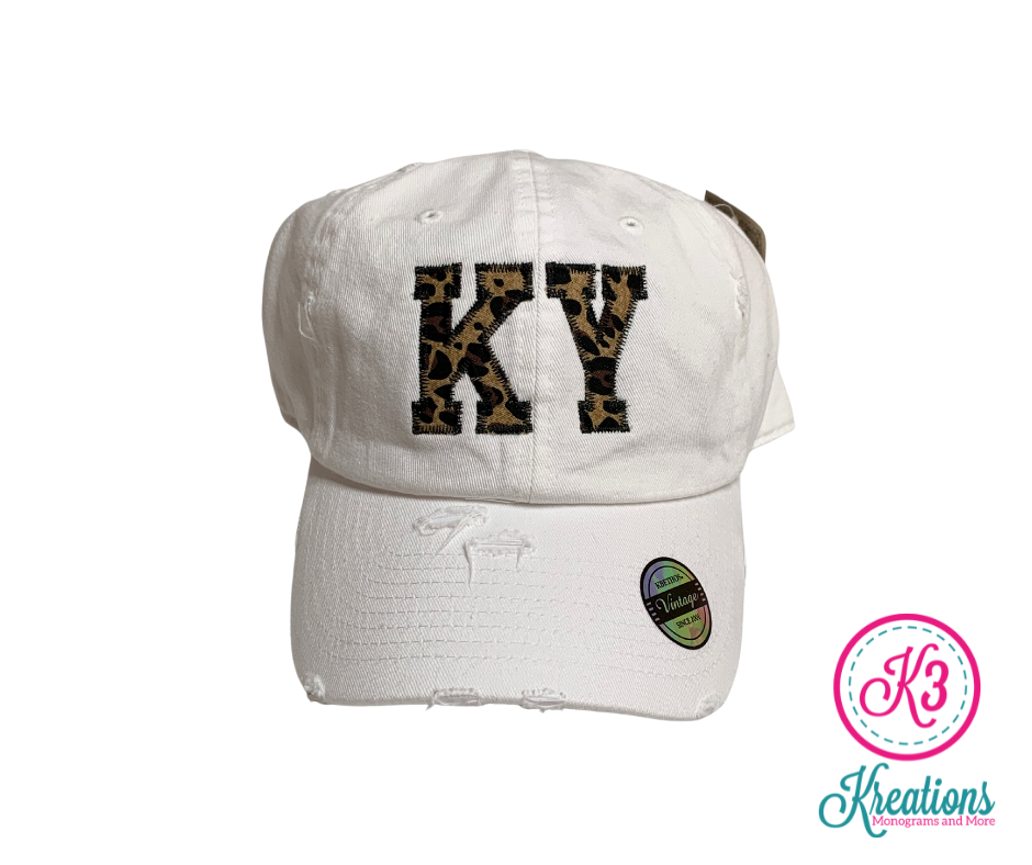 KY State Abbreviation Leopard Applique Distressed Cap