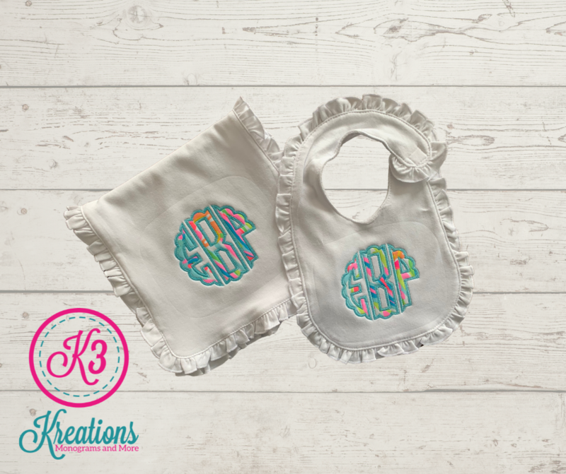 Lilly Ruffle Bib &amp; Burp Cloth with Scalloped Circle Monogram - choice of Lilly fabric