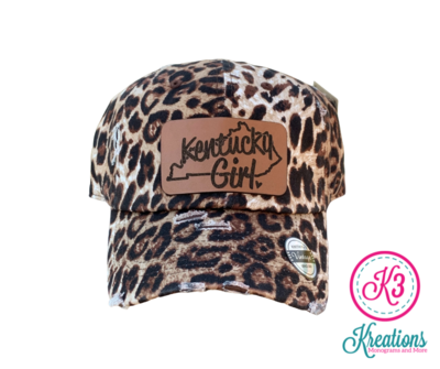 Kentucky Girl Leather Patch Leopard Print Distressed Cap