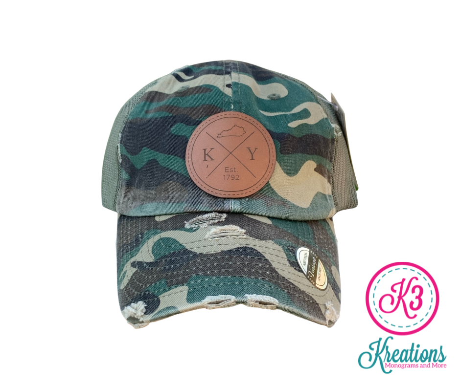 KY Round Leather Patch Distressed Trucker Cap