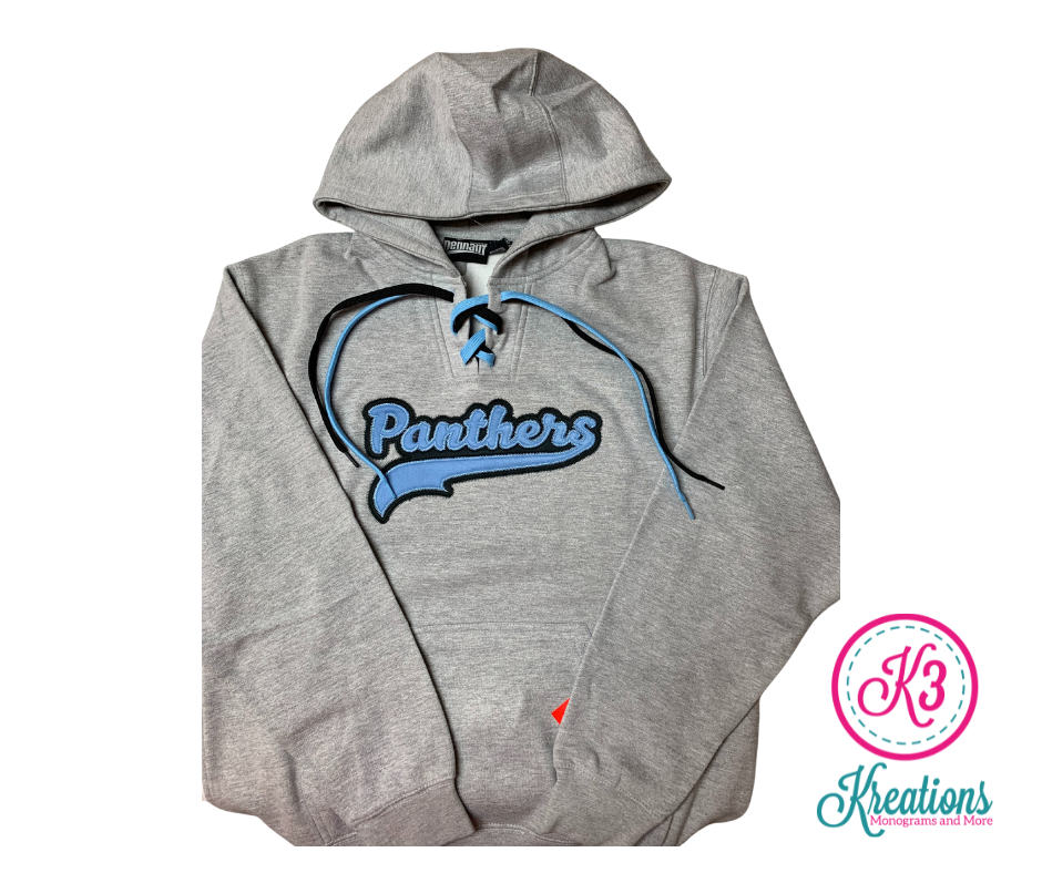 Embroidered Double Applique Panthers Lace Up Hoodie with 2 Laces in School Colors