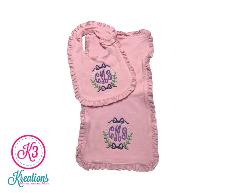 Tied with a Bow Monogram Pink Ruffle Bib &amp; Burp Cloth