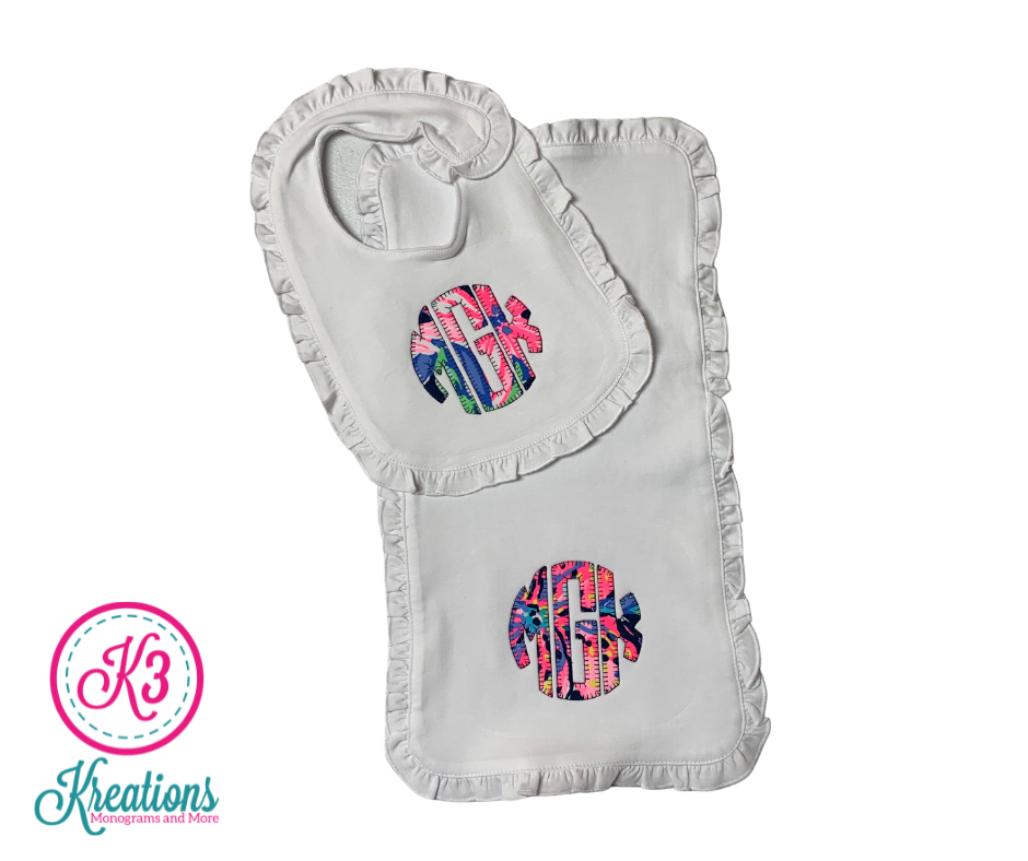 Lilly Ruffle Bib &amp; Burp Cloth with Natural Circle Monogram - choice of Lilly fabric