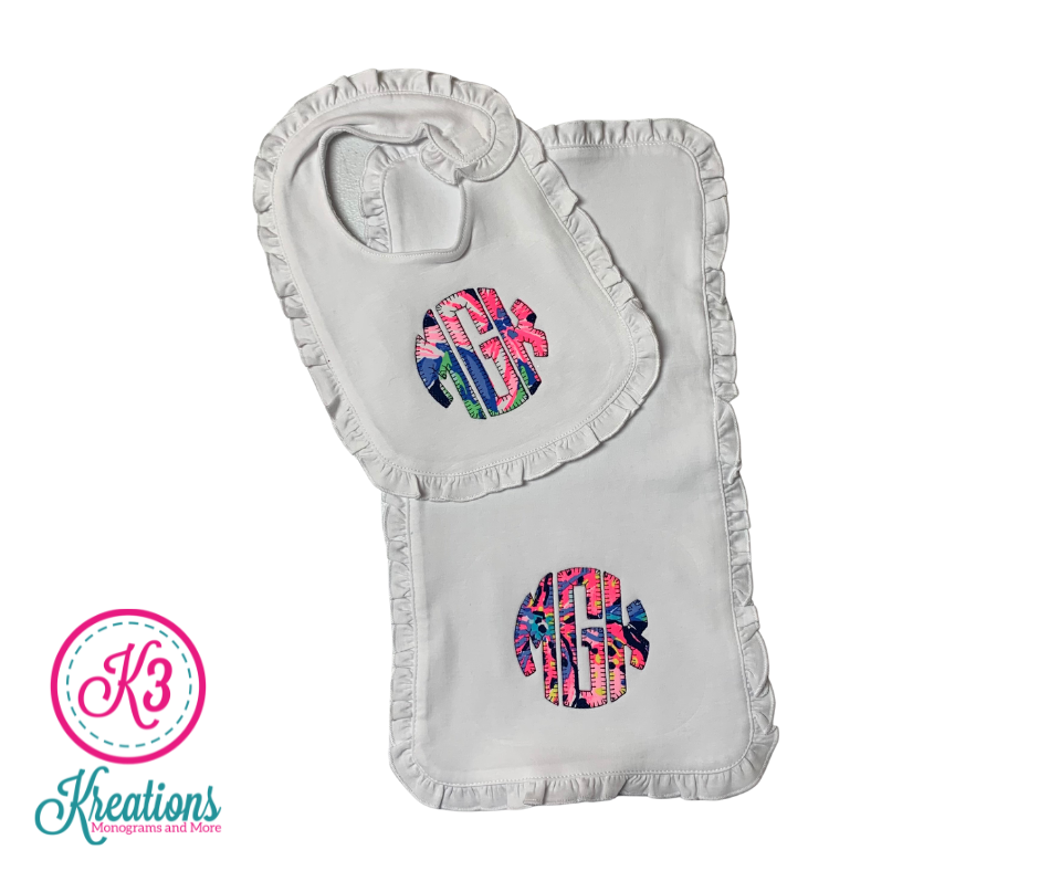 Lilly Ruffle Bib & Burp Cloth with Natural Circle Monogram - choice of Lilly fabric