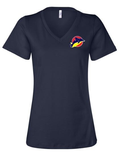 Ladies Bella + Canvas V-Neck Short Sleeve Tee with Embroidered Dolphins Logo (LEXD)