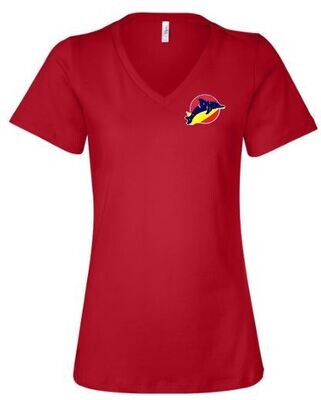 Ladies Bella + Canvas V-Neck Short Sleeve Tee with Embroidered Dolphins Logo (LEXD)