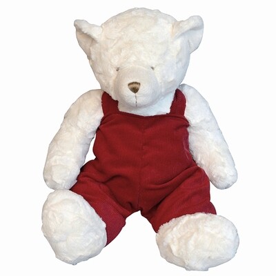White Plush Teddy Bear with Red Overalls