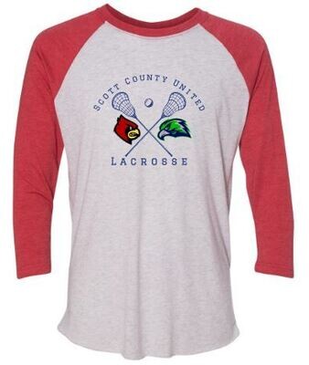 Adult Scott County United Lacrosse Logo Triblend Three-Quarter Sleeve Raglan Tee (SCUL)