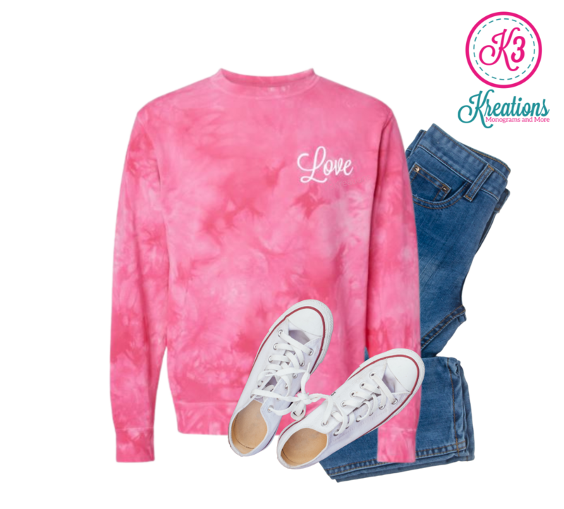 Adult Left Chest Embroidered Love Midweight Pink Tie-Dye Crewneck Sweatshirt