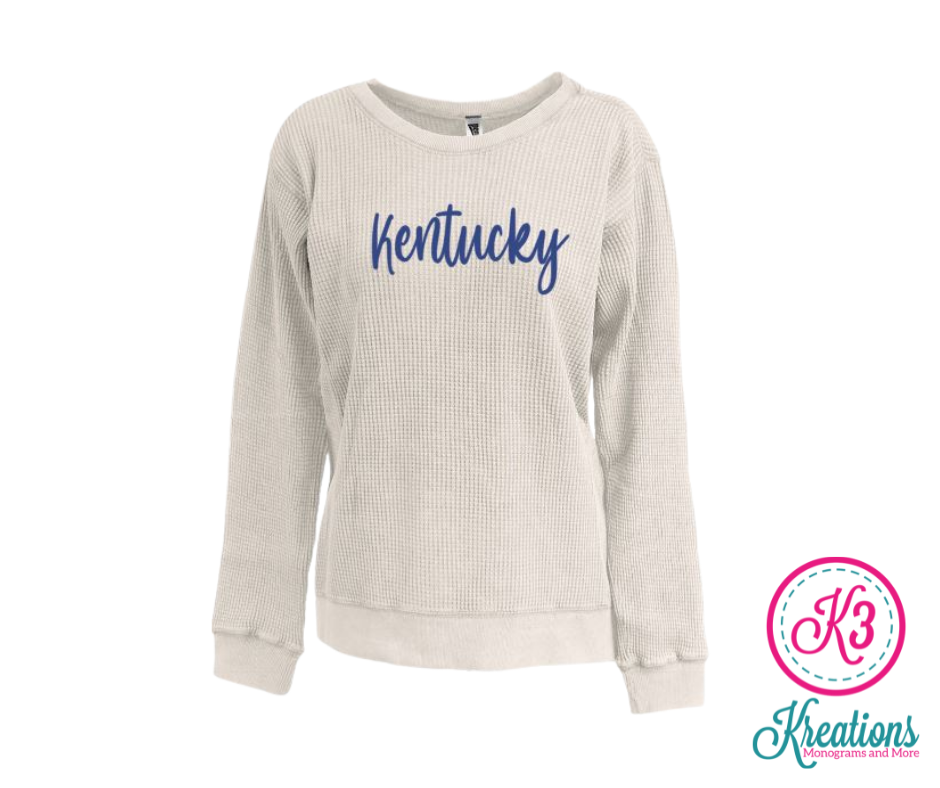 Ladies Script Kentucky Relaxed Waffle Off White Crewneck