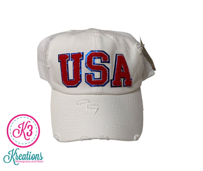 USA Glitter Chenille Patch White Distressed Mesh Back Cap