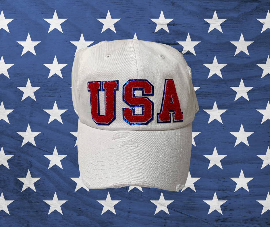 USA Glitter Chenille Patch White Distressed Cap