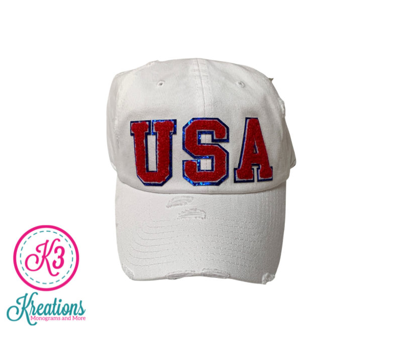 USA Glitter Chenille Patch White Distressed Cap