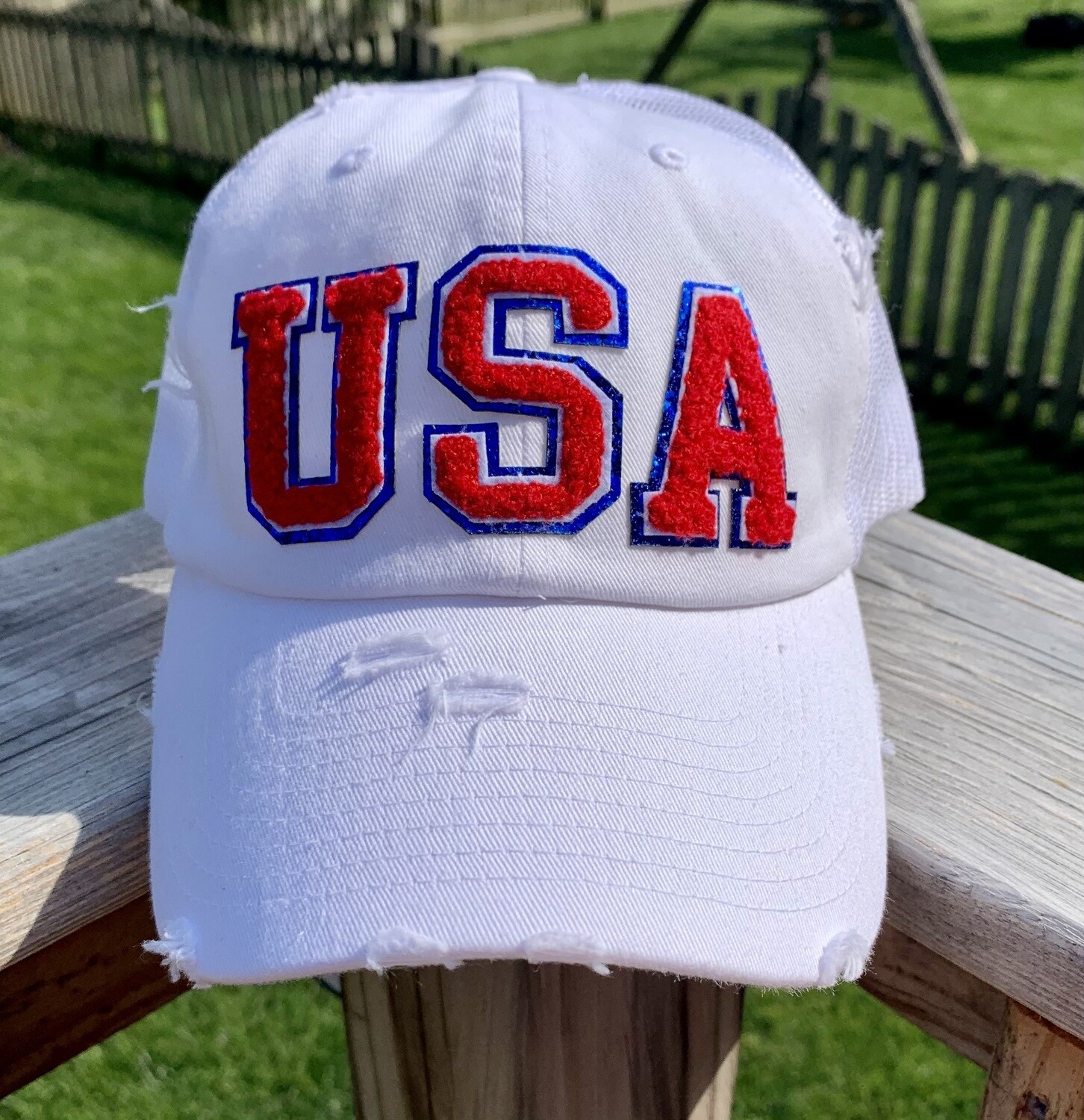 USA Glitter Chenille Patch White Distressed Mesh Back Cap