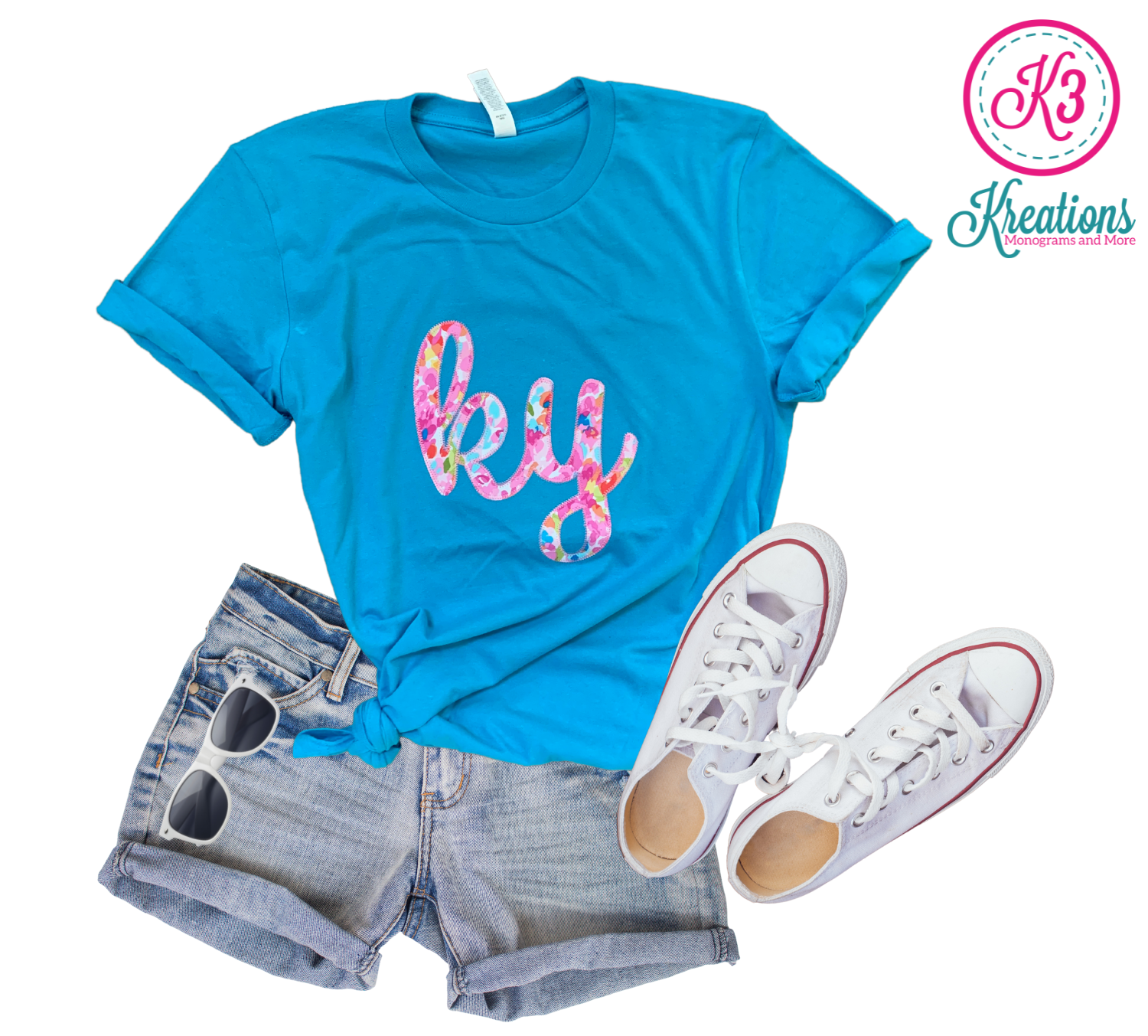 Adult Watercolor Ky Embroidered Aqua Short Sleeve Tee