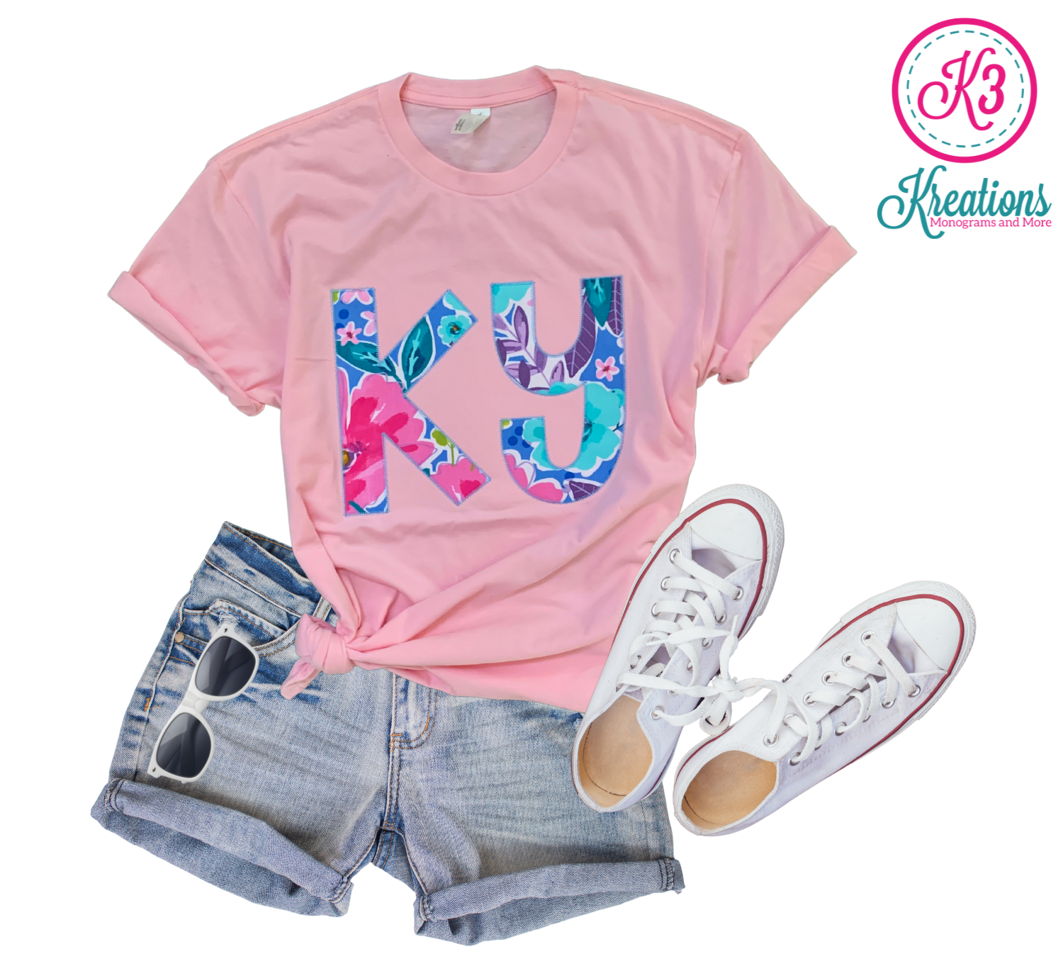Adult KY Floral Embroidered Light Pink Short Sleeve Tee