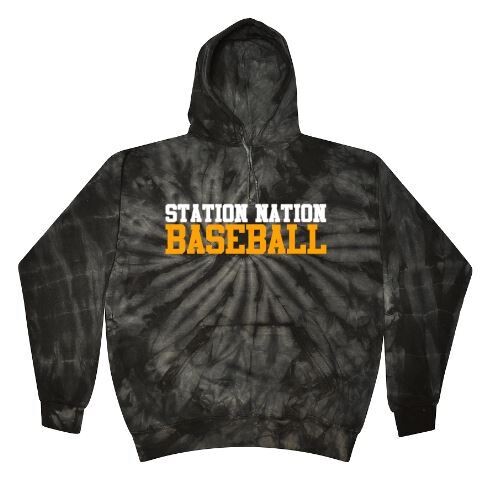 Youth or Adult Stacked Station Nation Baseball Black Tie Dye Hooded Sweatshirt (BSB)