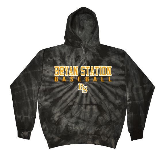 Youth or Adult Bryan Station Baseball BS Black Tie Dye Hooded Sweatshirt (BSB)