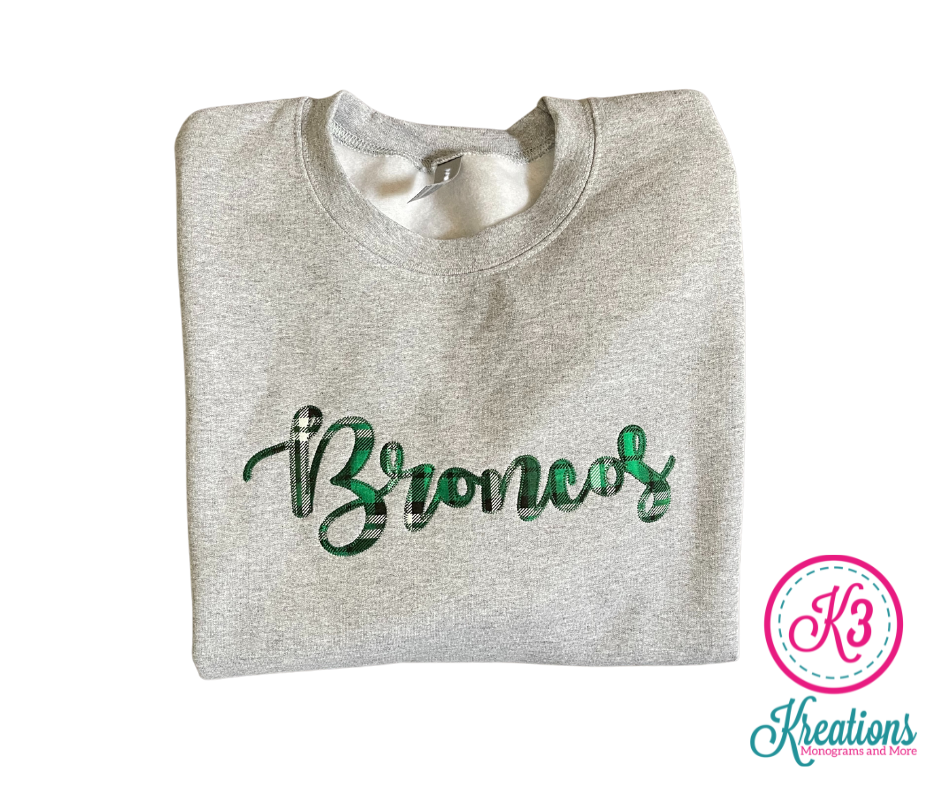 Broncos Script Crewneck Sweatshirt with Choice of Fabric (FDL)