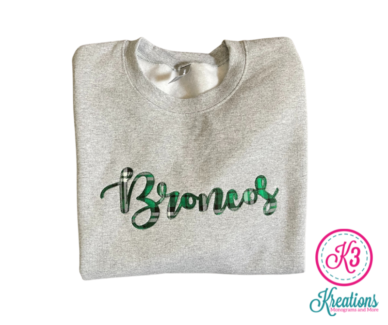 Broncos Script Crewneck Sweatshirt with Choice of Fabric (FDL)