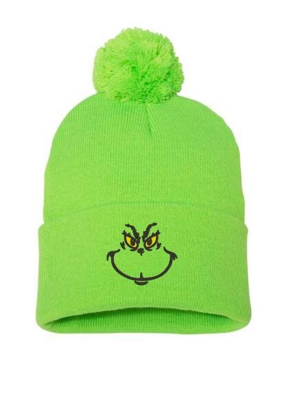 Grinch Face Embroidered Pom-Pom Beanie