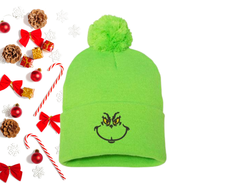 Grinch Face Embroidered Pom-Pom Beanie