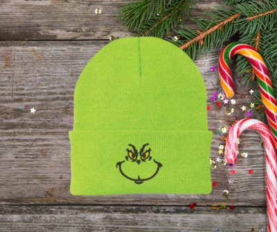 Grinch Face Embroidered Beanie