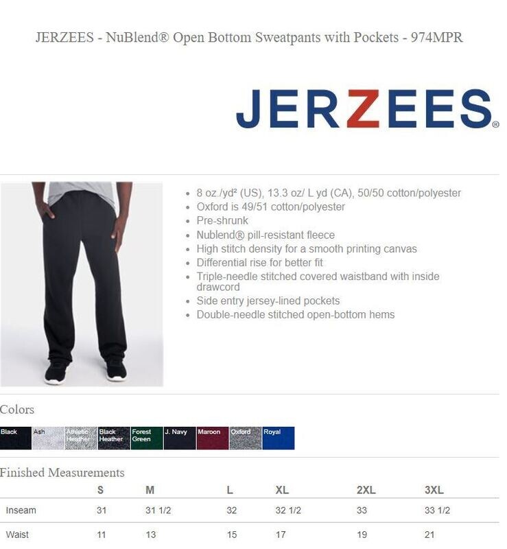 Adult Bluegrass Dance Company JERZEES NuBlend Open Bottom Sweatpants (BGD)