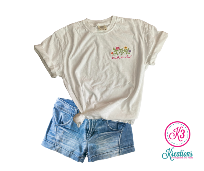 Adult Comfort Colors Floral Mama Embroidered Short Sleeve Tee