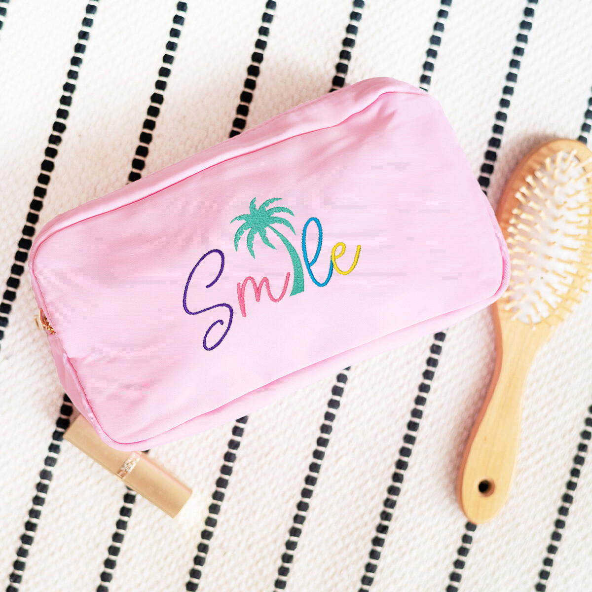 Palm Tree Smile Embroidery Pink Logan Cosmetic Bag