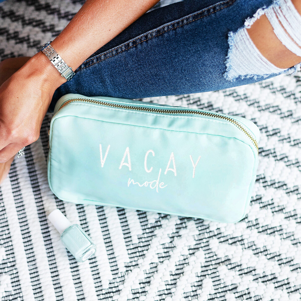 Vacay Mode Embroidery Mint Logan Cosmetic Bag
