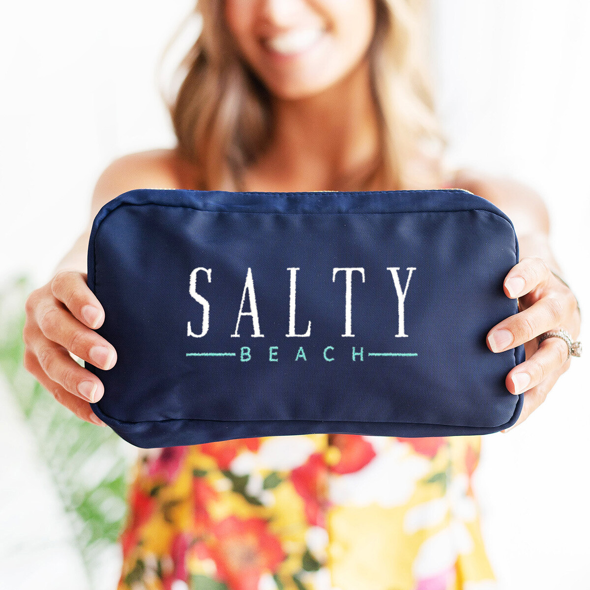 Salty Beach Embroidery Navy Logan Cosmetic Bag
